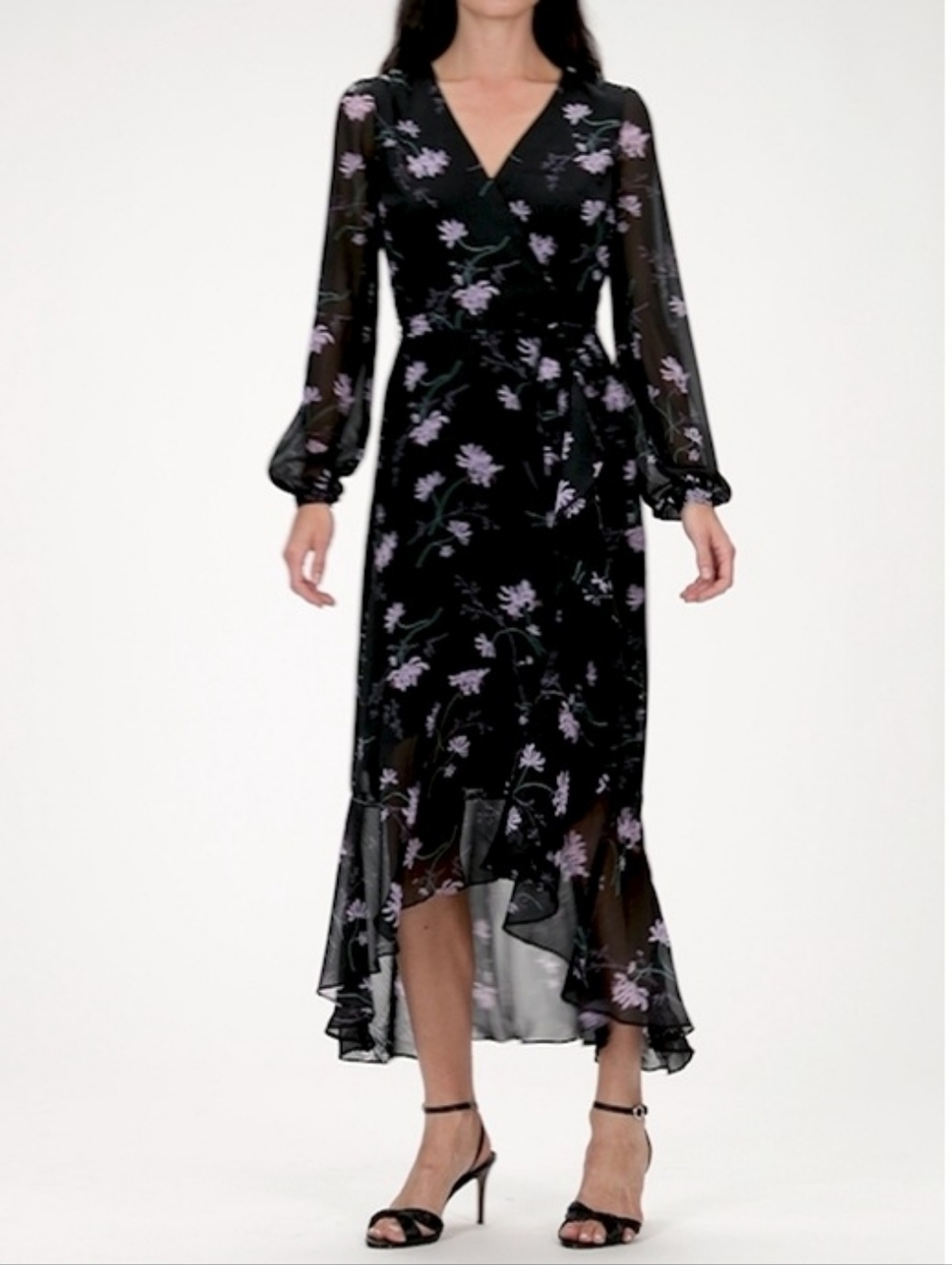 Banana Republic Black Floral Dress Lavender Print Ruffle Hem Zip Close Size 14